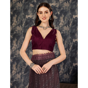 Dark Mauve Tikali Work Lycra Saree With Embroidered Lace Border