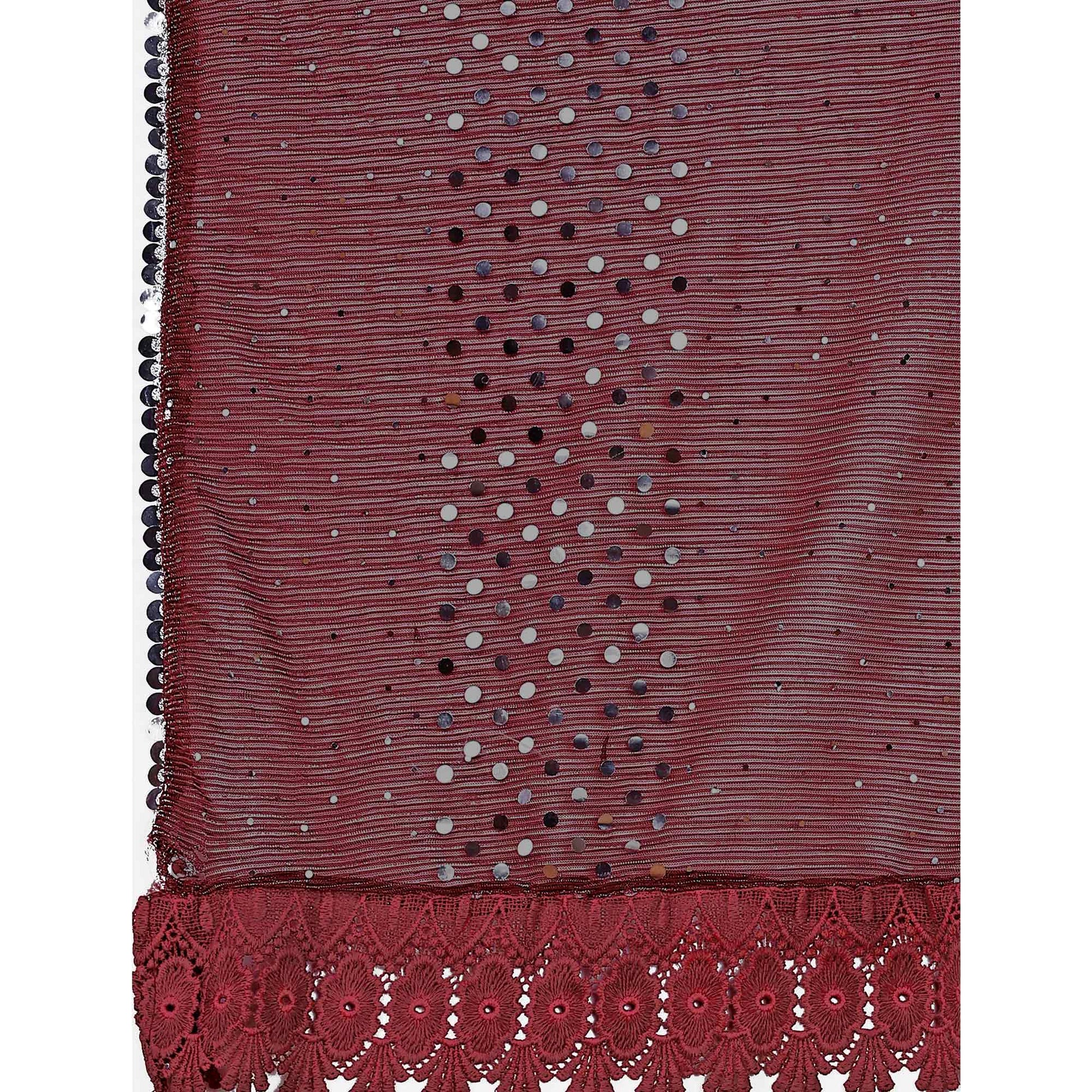 Maroon Sequins Embroidered Lycra Saree