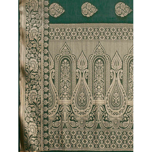 Dark Green Woven Chiffon Saree With Tassels