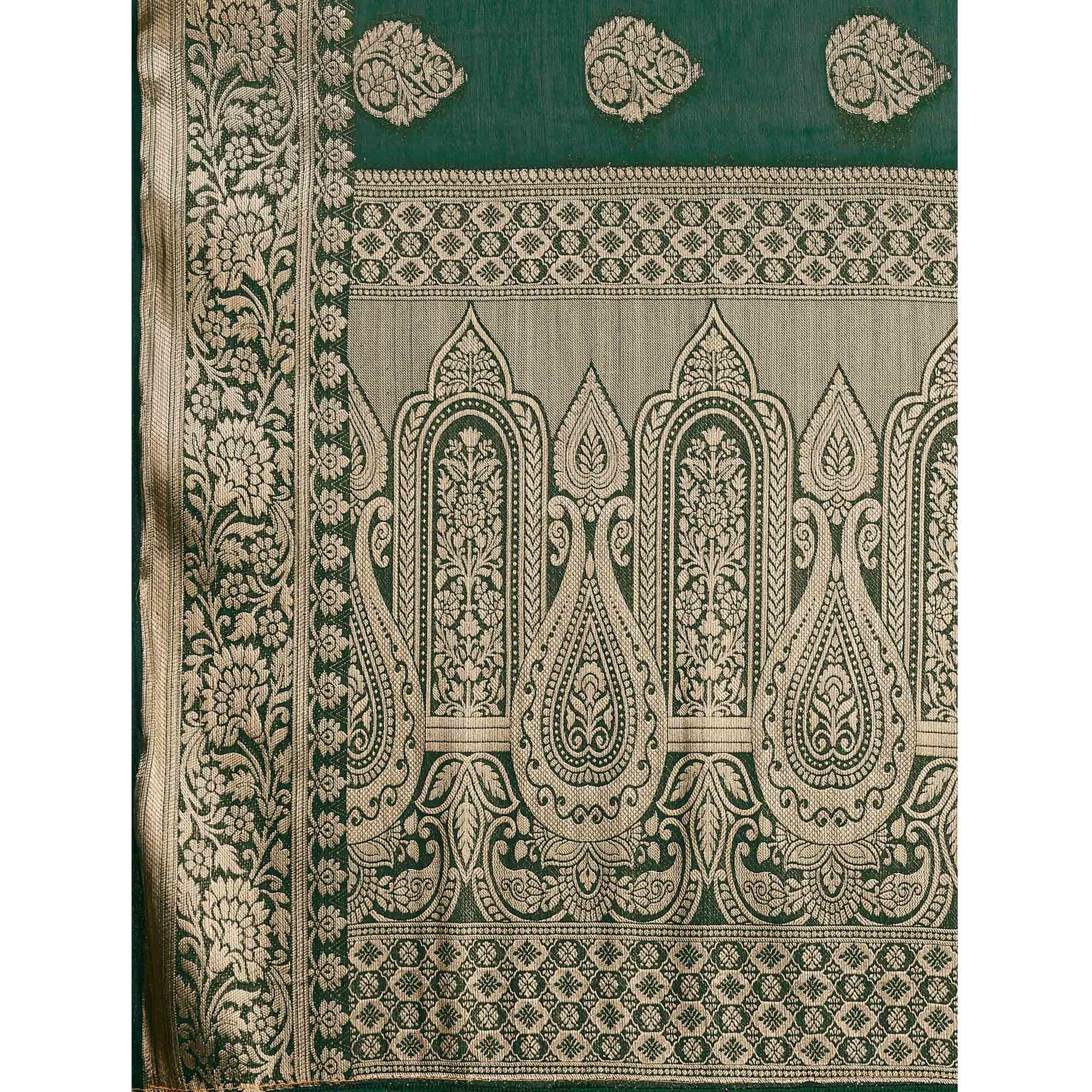 Dark Green Woven Chiffon Saree With Tassels