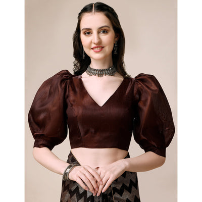 Brown Digital Foil Printed Rayon Saree