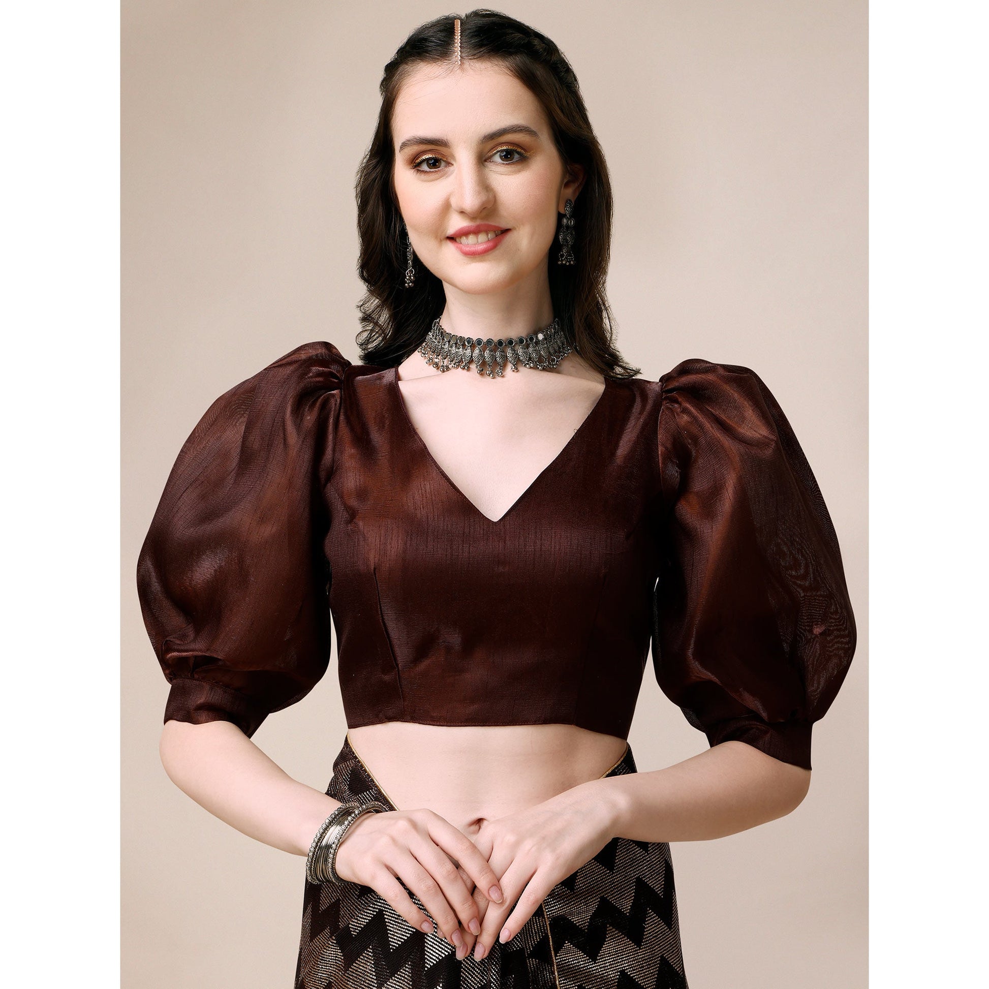 Brown Digital Foil Printed Rayon Saree