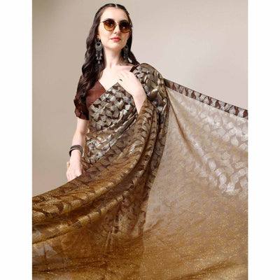Brown & Gold Foil Printed Rayon Saree