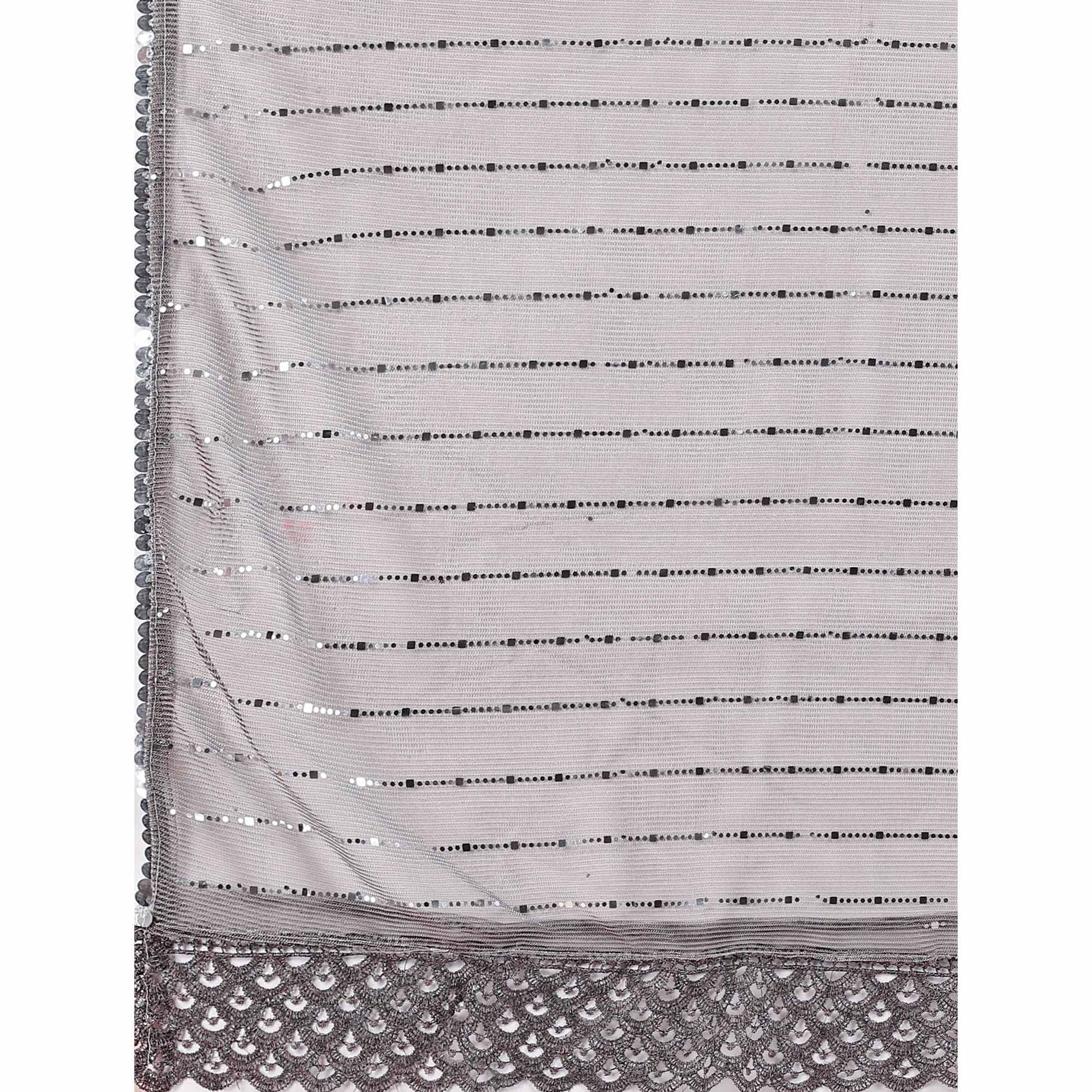 Grey Tikki Work Lycra Saree With Embroidered Border