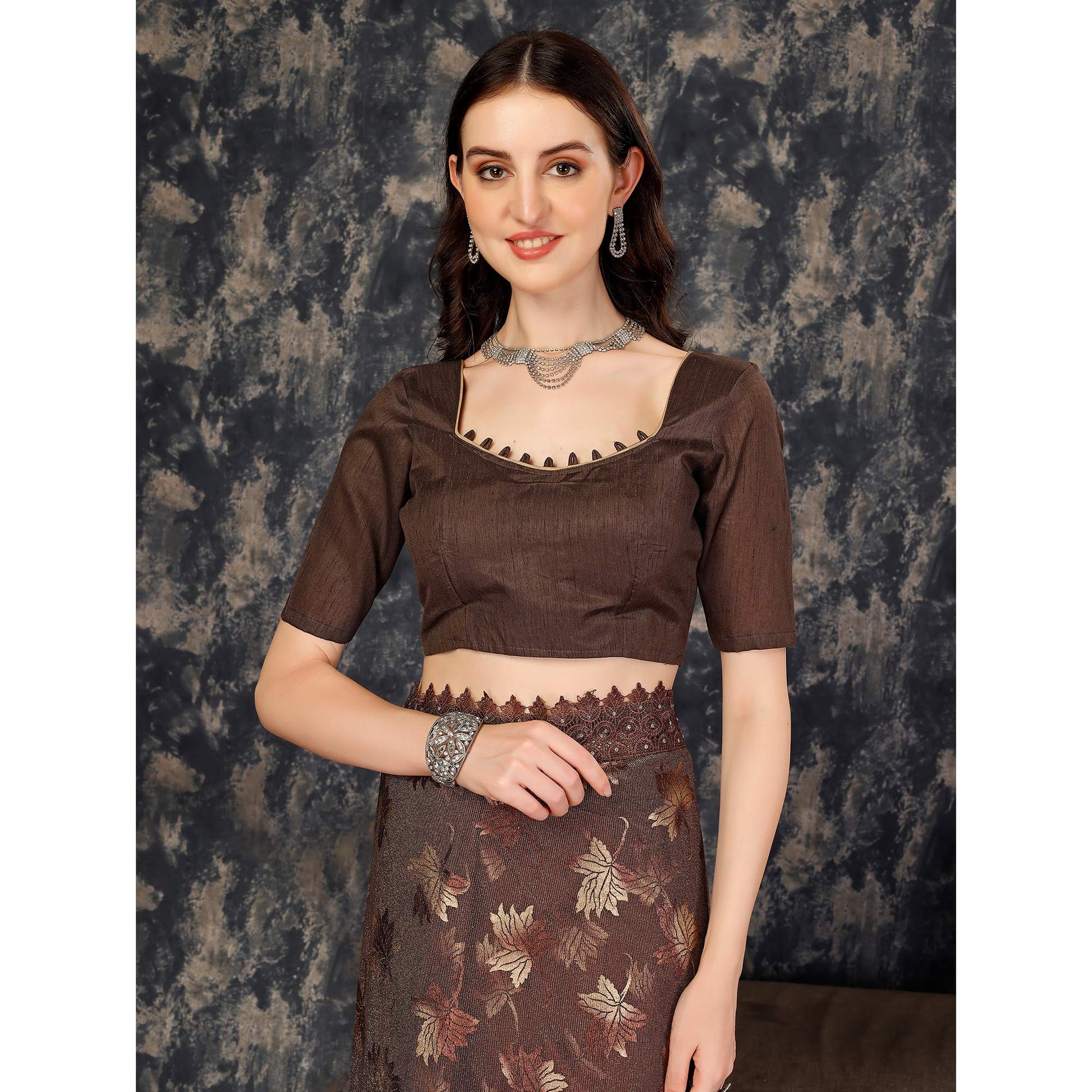 Brown Foil Printed Lycra Saree With Embroidered Lace Border