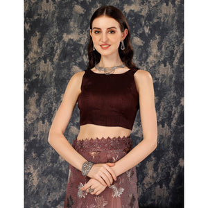 Dark Mauve Foil Printed Lycra Saree With Embroidered Lace Border