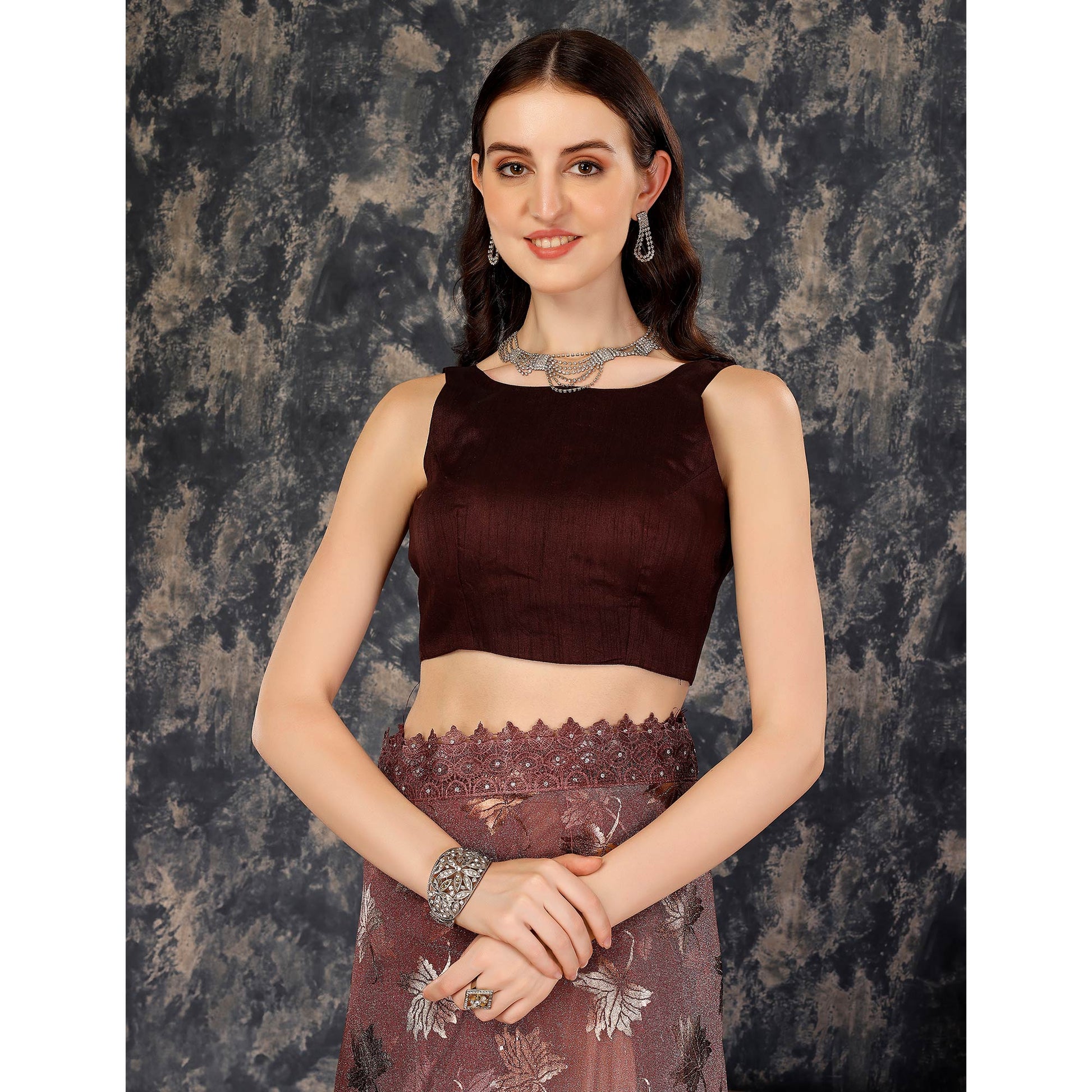 Dark Mauve Foil Printed Lycra Saree With Embroidered Lace Border