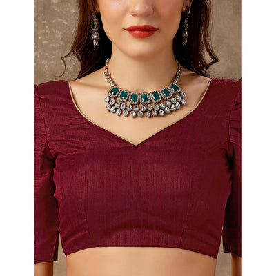 Dark Maroon Floral Foil Printed Vichitra Silk Saree With Lace Border