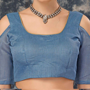 Greyish Blue Printed With Zari Work Cotton Silk Saree With Lace Border