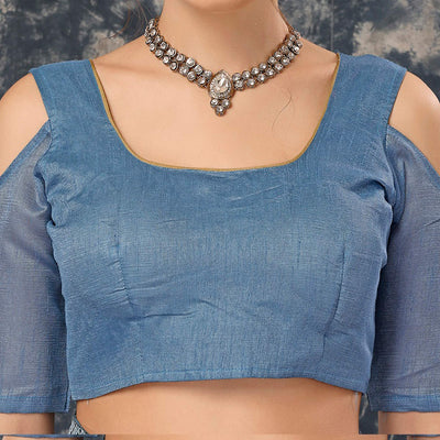 Greyish Blue Printed With Zari Work Cotton Silk Saree With Lace Border