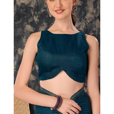 Blue Zari Embroidery Chiffon Saree With Lace Border