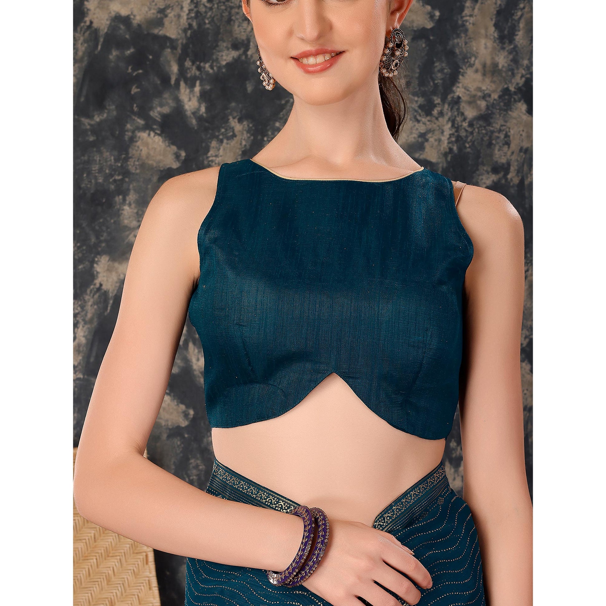 Blue Zari Embroidery Chiffon Saree With Lace Border