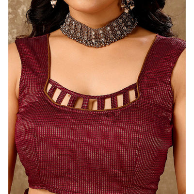 Maroon Foil Printed Chiffon Saree With Lace Border
