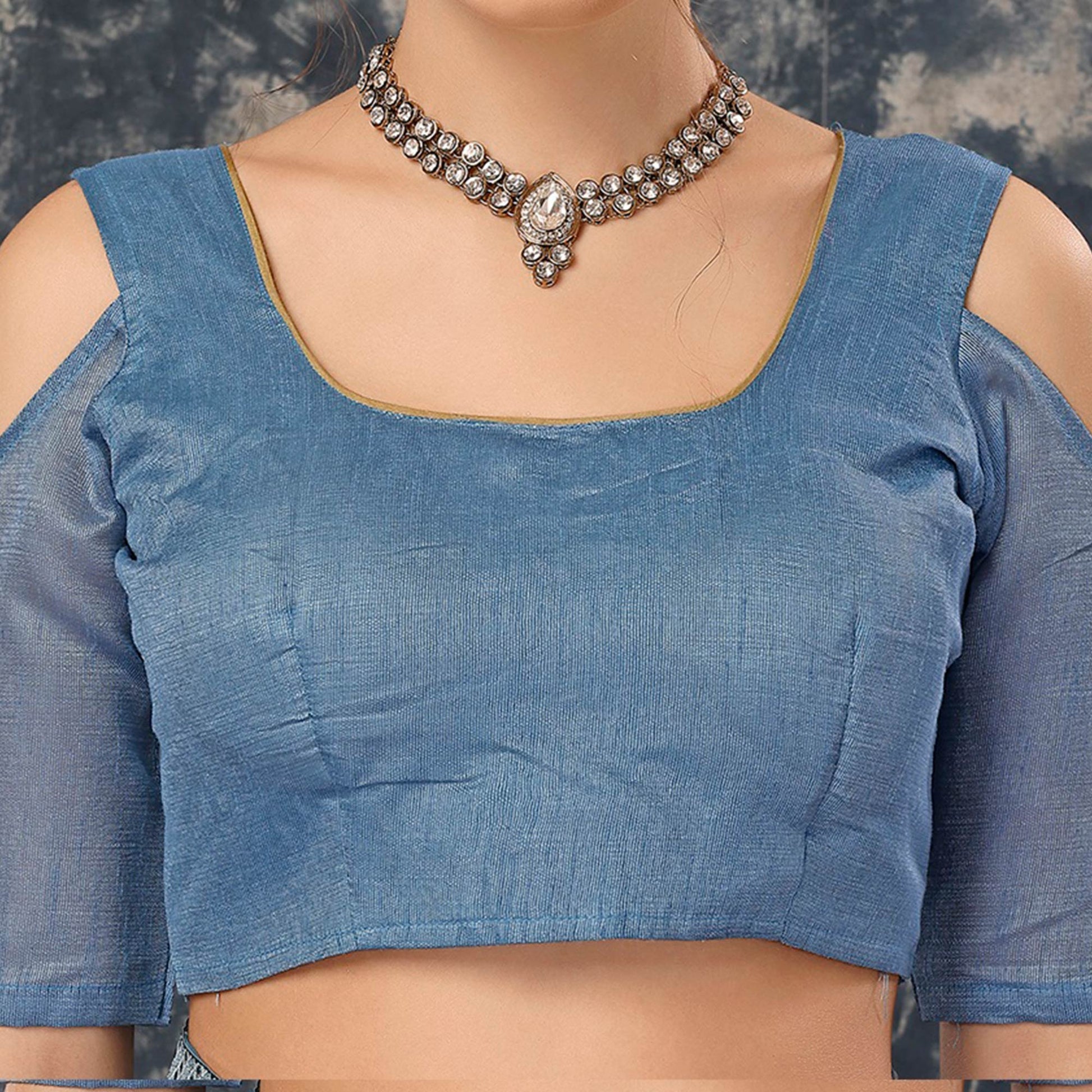 Greyish Blue Printed With Zari Work Cotton Silk Saree With Lace Border