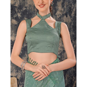 Dusty Green Swarovski Work Chiffon Saree With Tassels