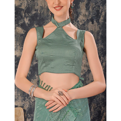 Dusty Green Swarovski Work Chiffon Saree With Tassels