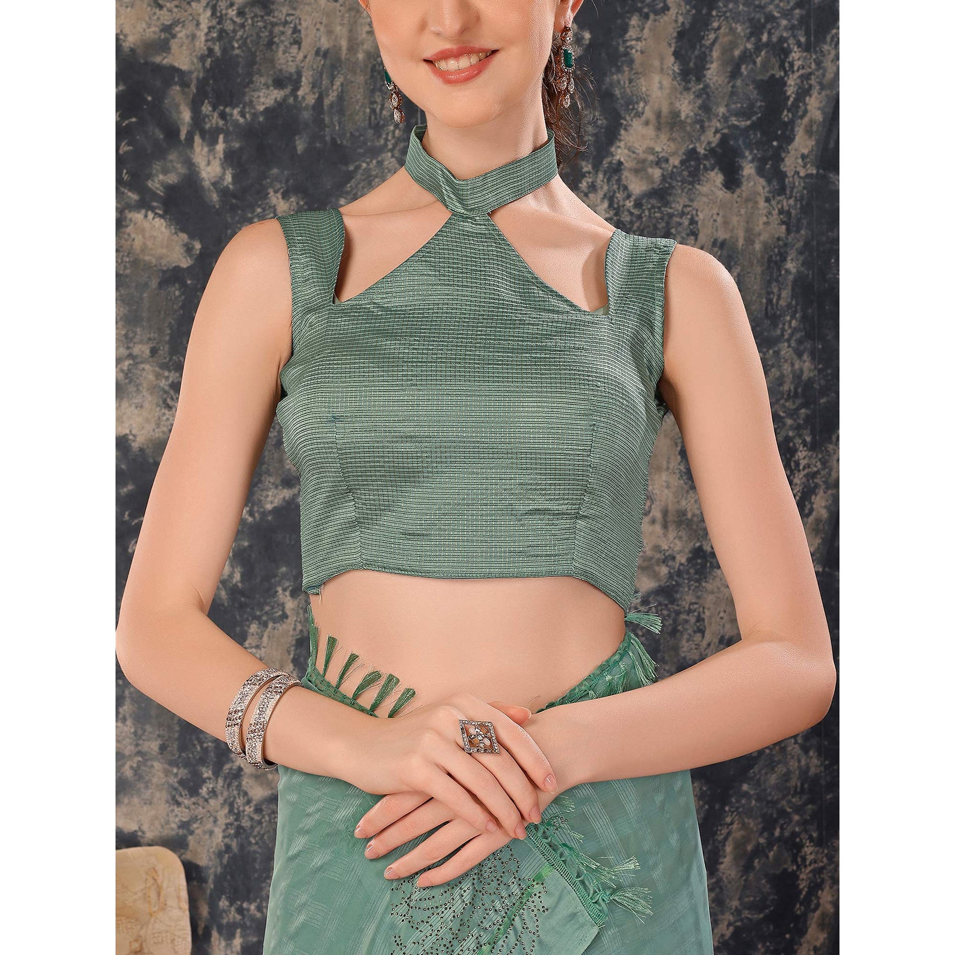 Dusty Green Swarovski Work Chiffon Saree With Tassels