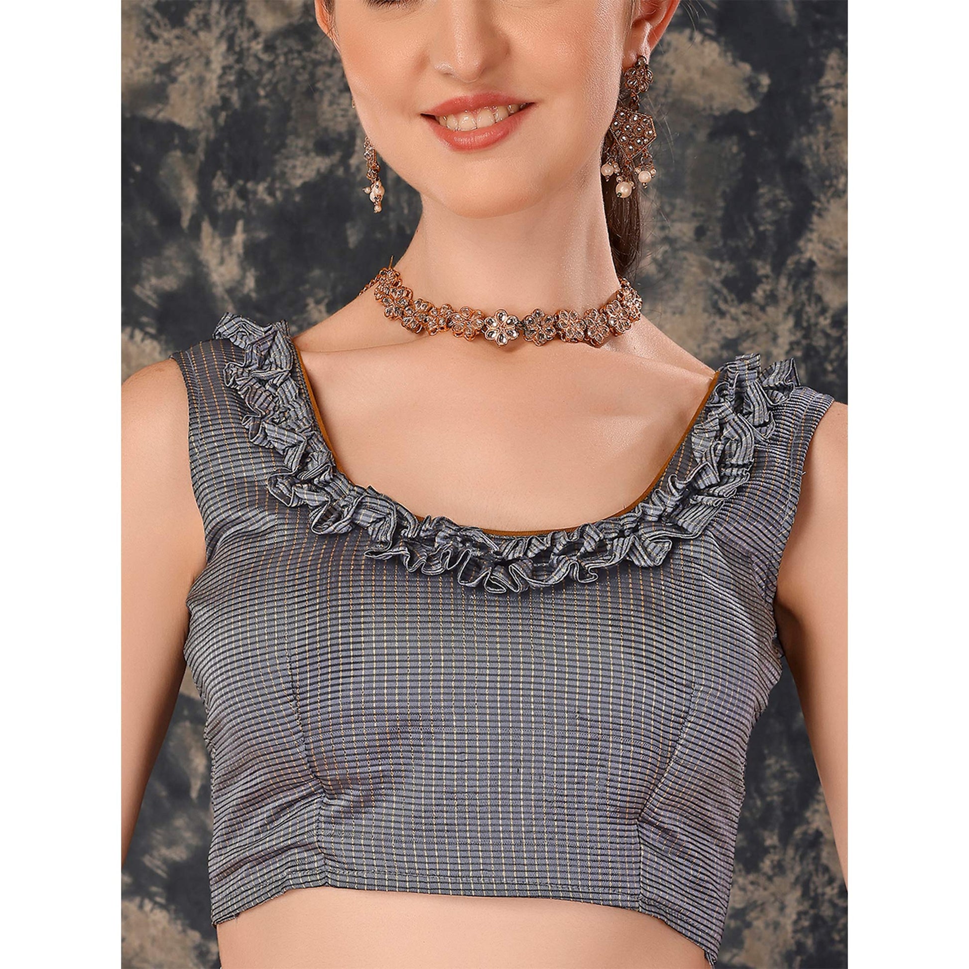 Grey Swarovski Work Chiffon Saree With Tassels