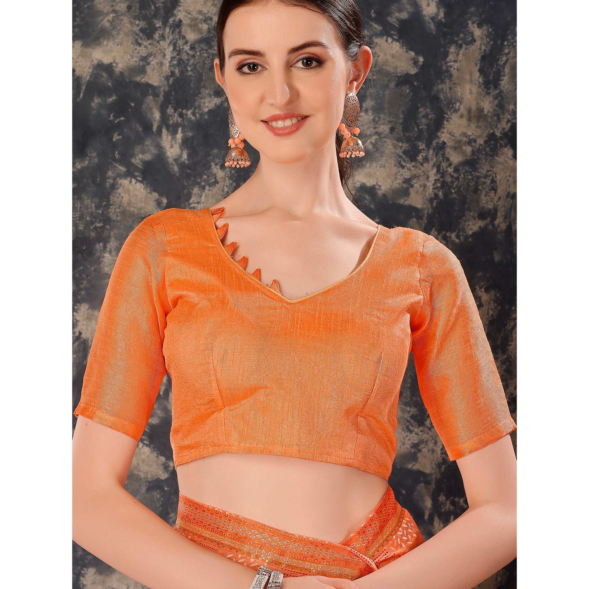Light Orange Printed Chiffon Saree With Lace Border