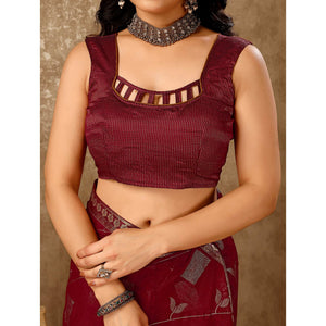 Maroon Floral Foil Printed Chiffon Saree With Lace Border