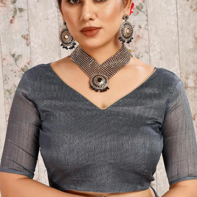 Grey Zari Printed Cotton Silk Saree Lace Border