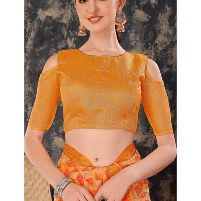 Light Orange Geometric Printed Chiffon Saree With Lace Border
