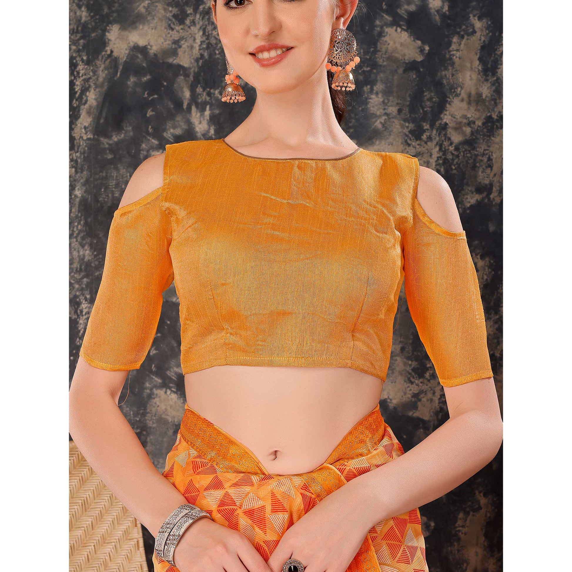 Light Orange Geometric Printed Chiffon Saree With Lace Border