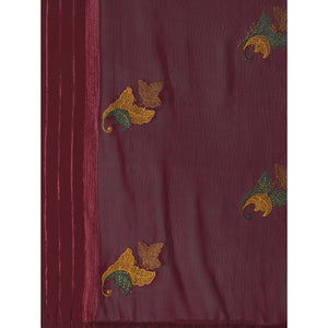 Maroon Floral Embroidered Chiffon Saree With With Tassels