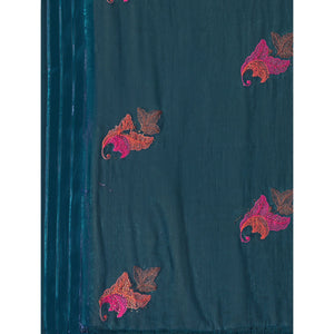 Dark Blue Floral Embroidered Chiffon Saree With With Tassels