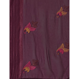 Burgundy Floral Embroidered Chiffon Saree With With Tassels