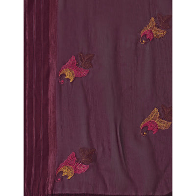 Burgundy Floral Embroidered Chiffon Saree With With Tassels