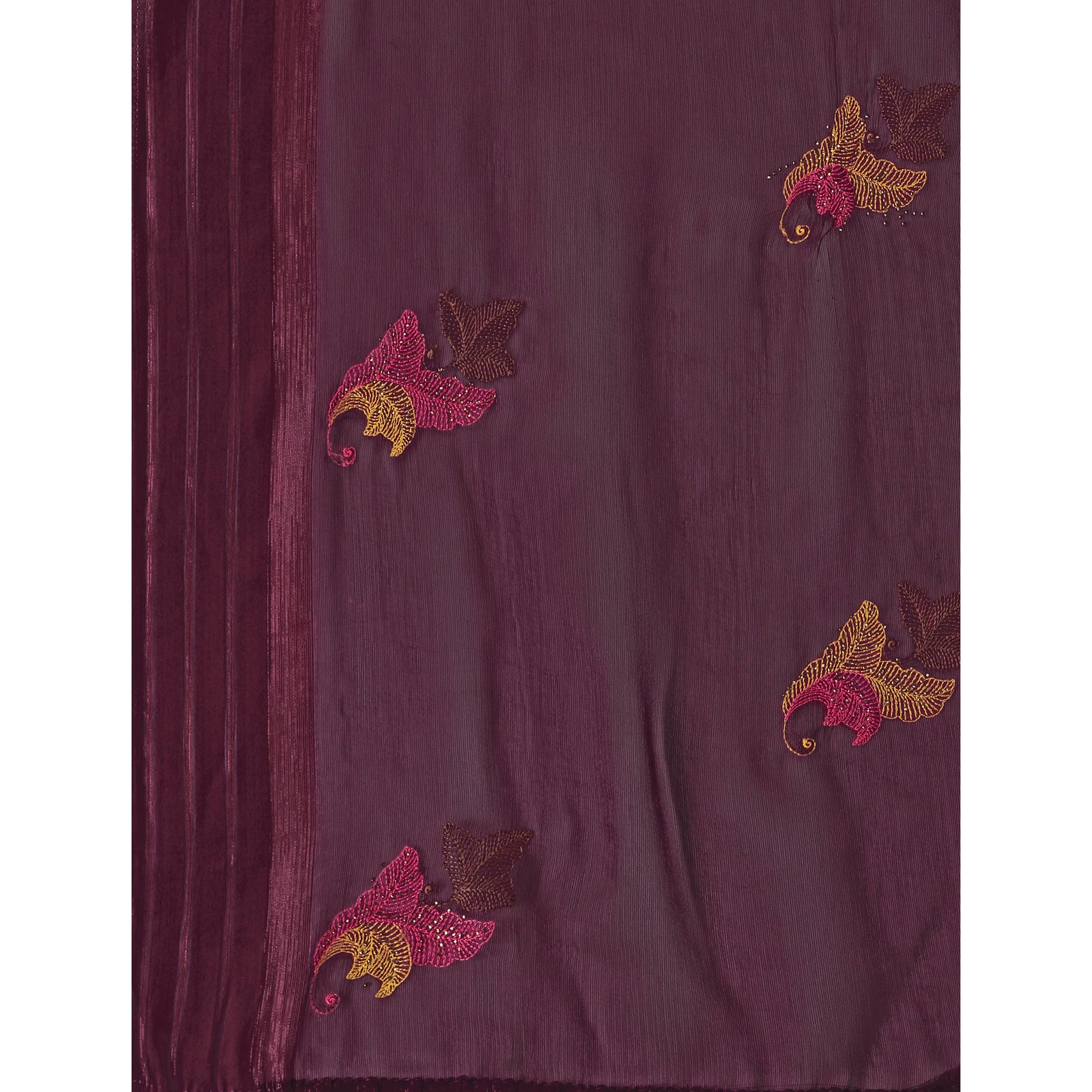 Burgundy Floral Embroidered Chiffon Saree With With Tassels