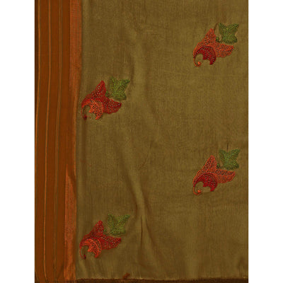 Mehendi Green Floral Embroidered Chiffon Saree With With Tassels