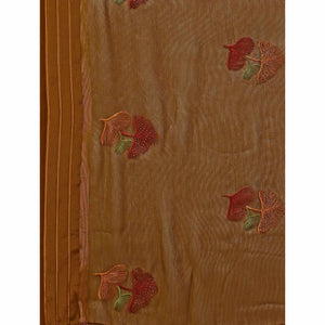 Brown Floral Embroidered Chiffon Saree With With Tassels