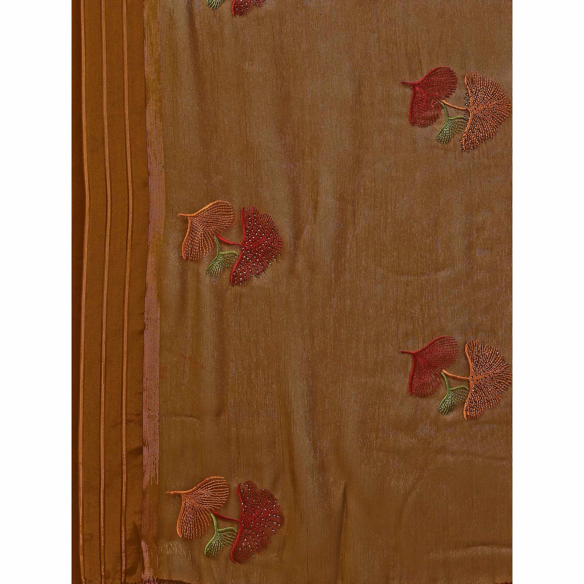 Brown Floral Embroidered Chiffon Saree With With Tassels