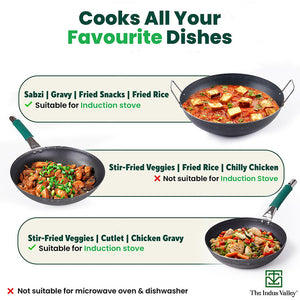 100% Pure Iron Cookware Set: Wok 10 inch + Fry Pan 10 inch + Kadai 10 inch , Kitchen set for Home, Non-Toxic, Pre-seasoned