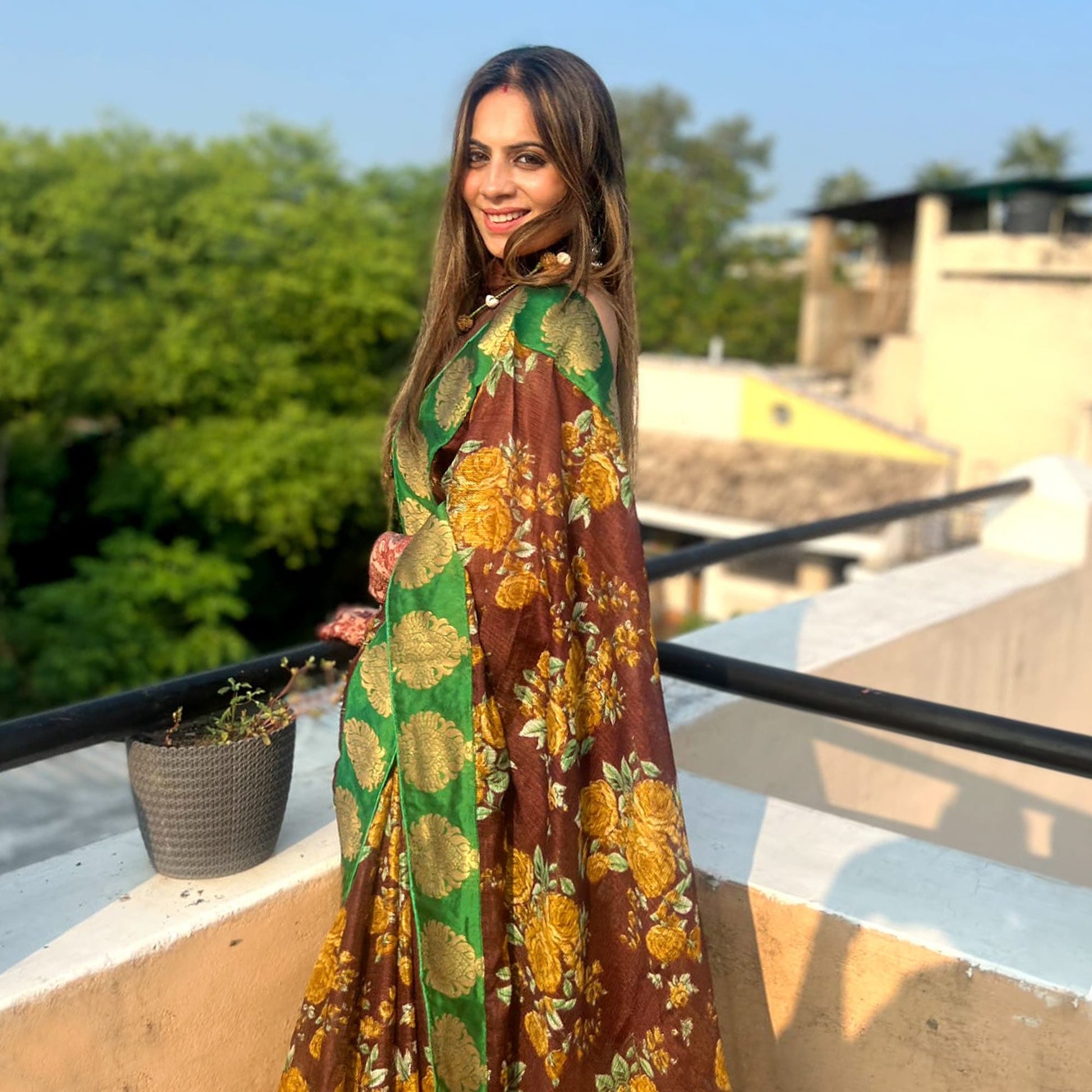 Brown Floral Printed Manipuri Silk Saree