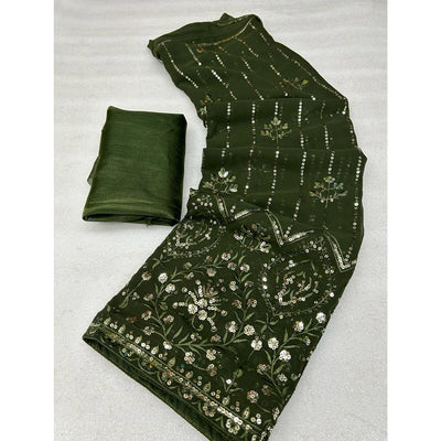 Mehandi Green Sequins Embroidered Georgette Saree
