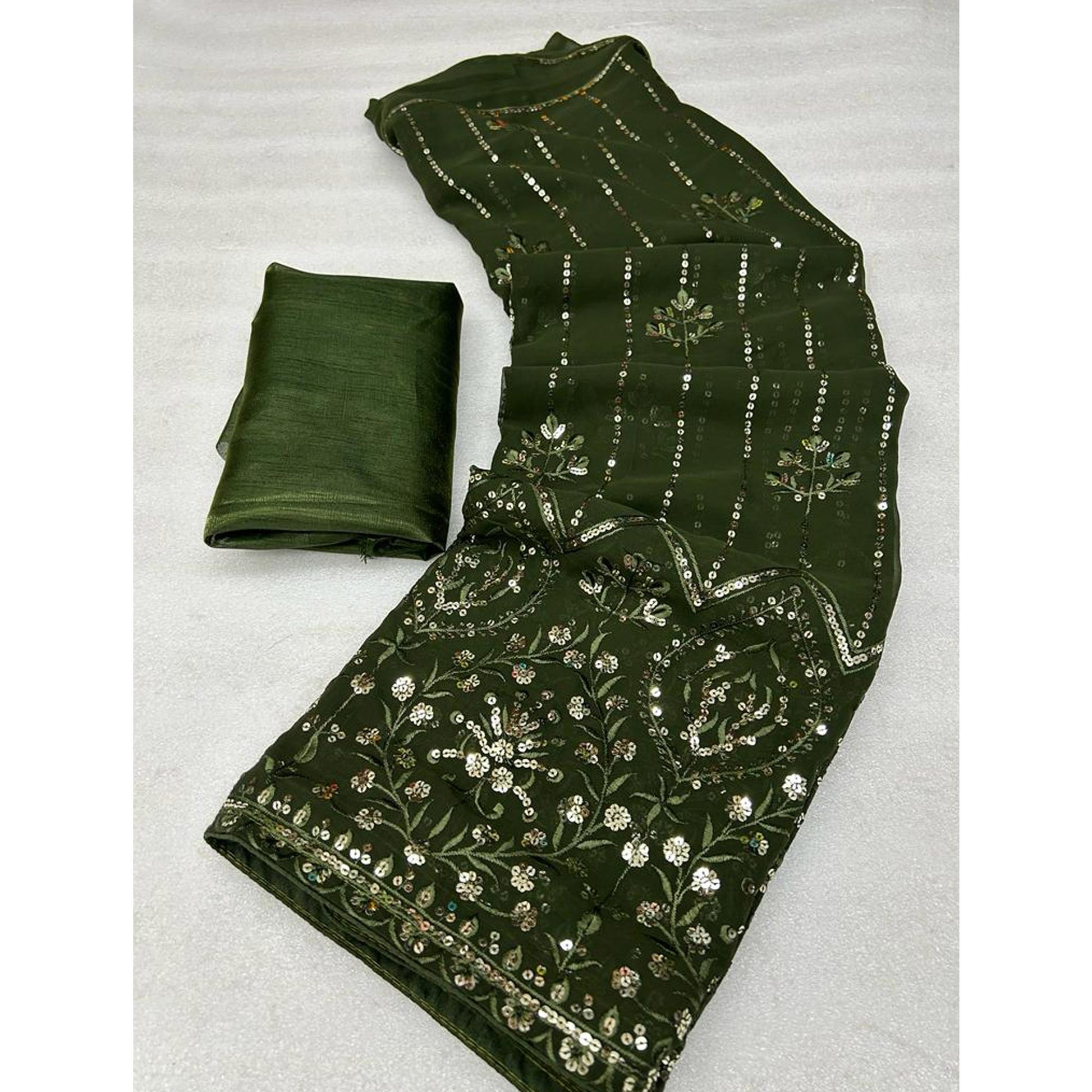 Mehandi Green Sequins Embroidered Georgette Saree