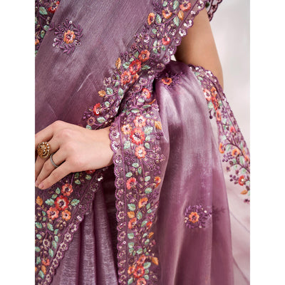 Lavender Floral Embroidered Tissue Saree