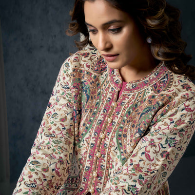 Cream Paisley Weaving Woolen Front Slit Top Bottom Set with Jacket