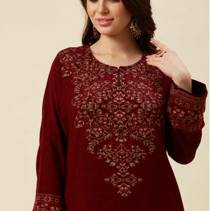Maroon Floral Woven Woolen Straight Kurti