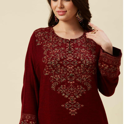 Maroon Floral Woven Woolen Straight Kurti