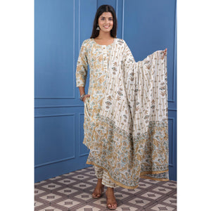 Cream And Brown Floral Printed Pure Cotton Suit