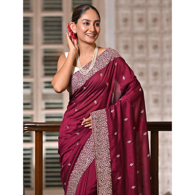 Maroon Embroidered Vichitra Silk Saree