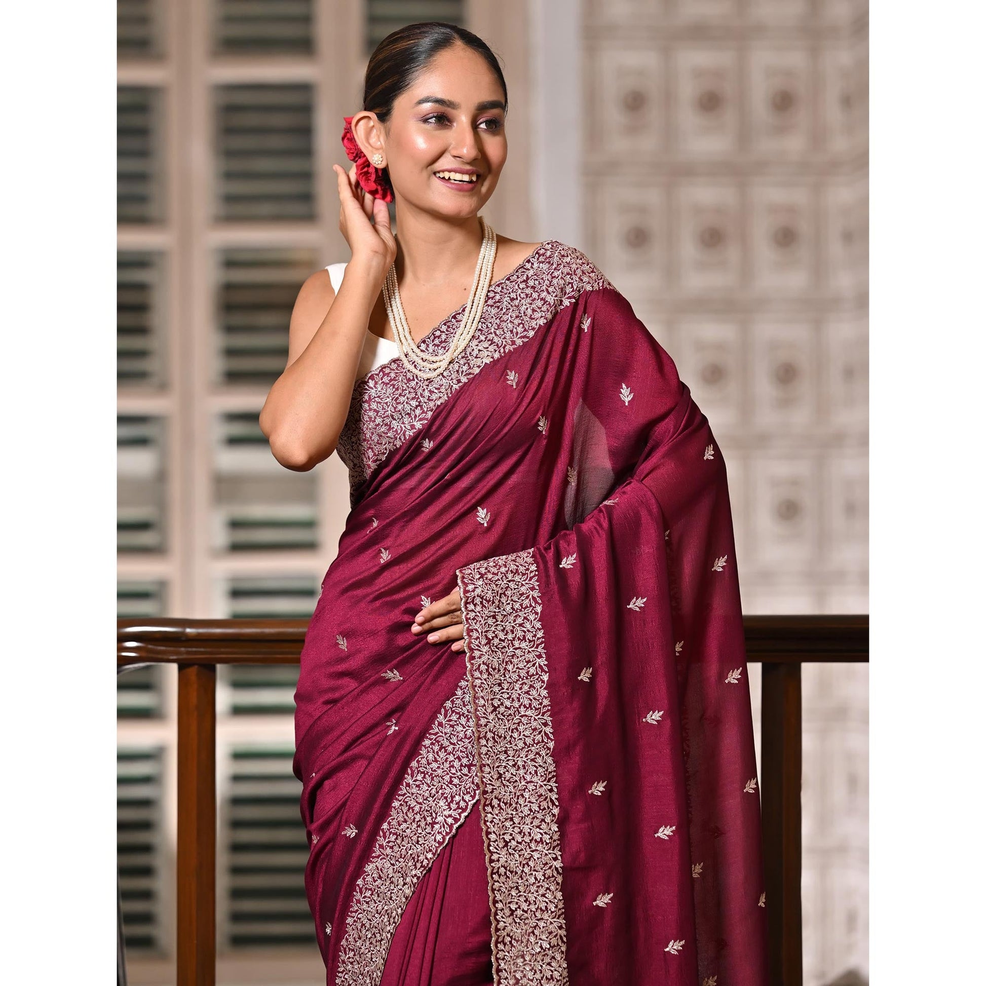 Maroon Embroidered Vichitra Silk Saree