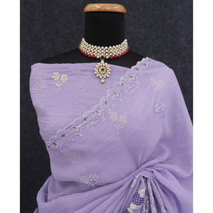 Light Lavender Floral Sequins Embroidered Art Silk Crush Saree