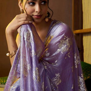 Lavender Floral Foil Printed Satin Silk Saree With Zarkan Border