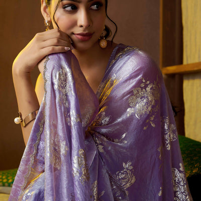 Lavender Floral Foil Printed Satin Silk Saree With Zarkan Border