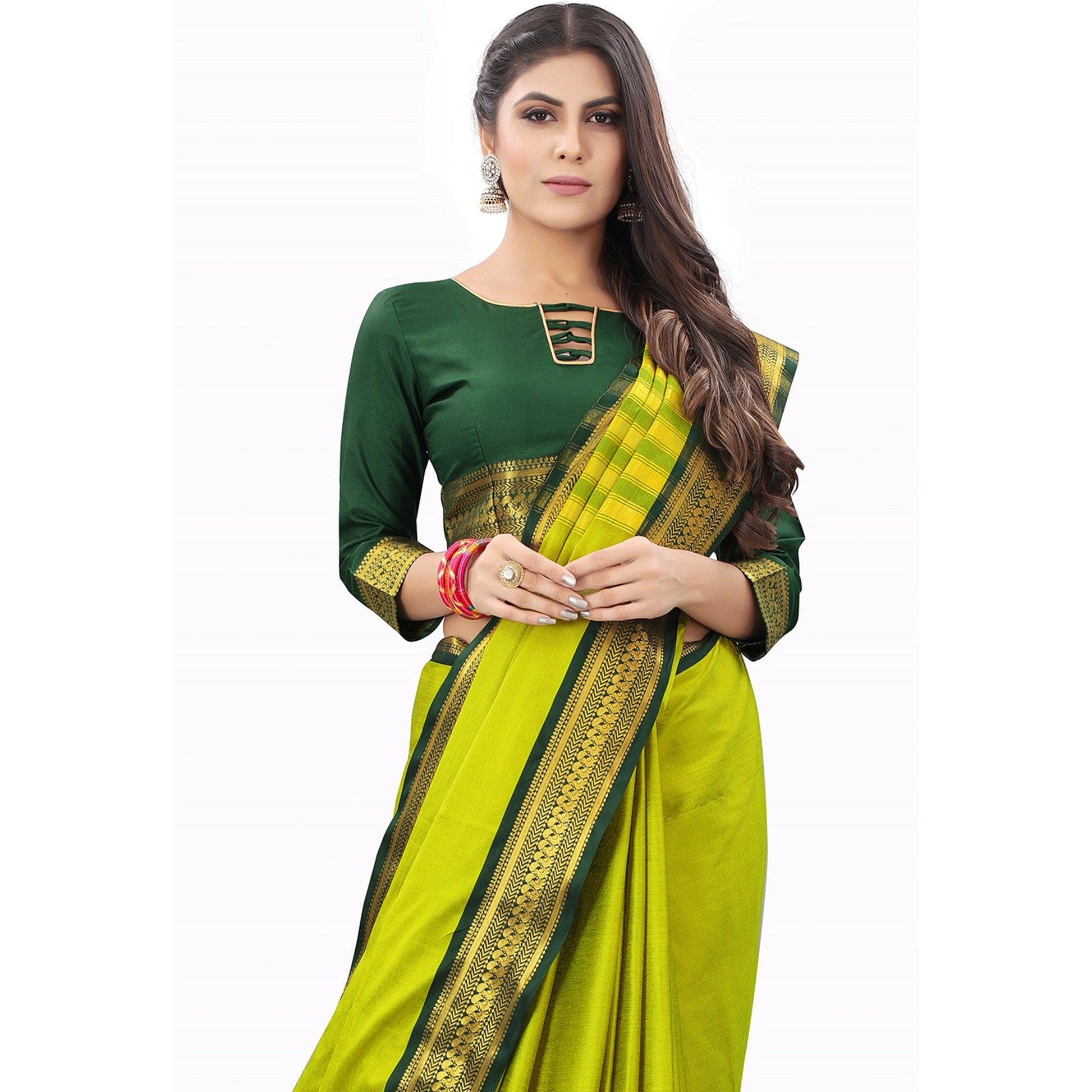 Lemon Green Solid Cotton Silk Saree With Jacquard Border
